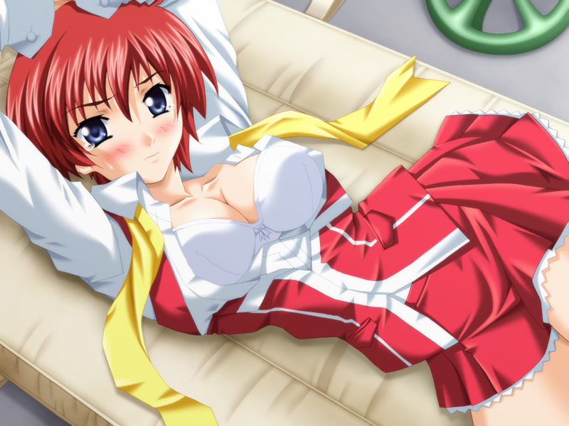 arms_up bed blue_eyes blush bow bow_bra bra breasts cleavage dutch_angle embarrassed from_above game_cg large_breasts lingerie lying on_back open_clothes open_shirt pleated_skirt red_hair sakurazuka_kaoru school_uniform shirt short_hair skirt solo sweatdrop tajima_nao tears underwear untied white_bra x-change yin-yang!_x-change_alternative