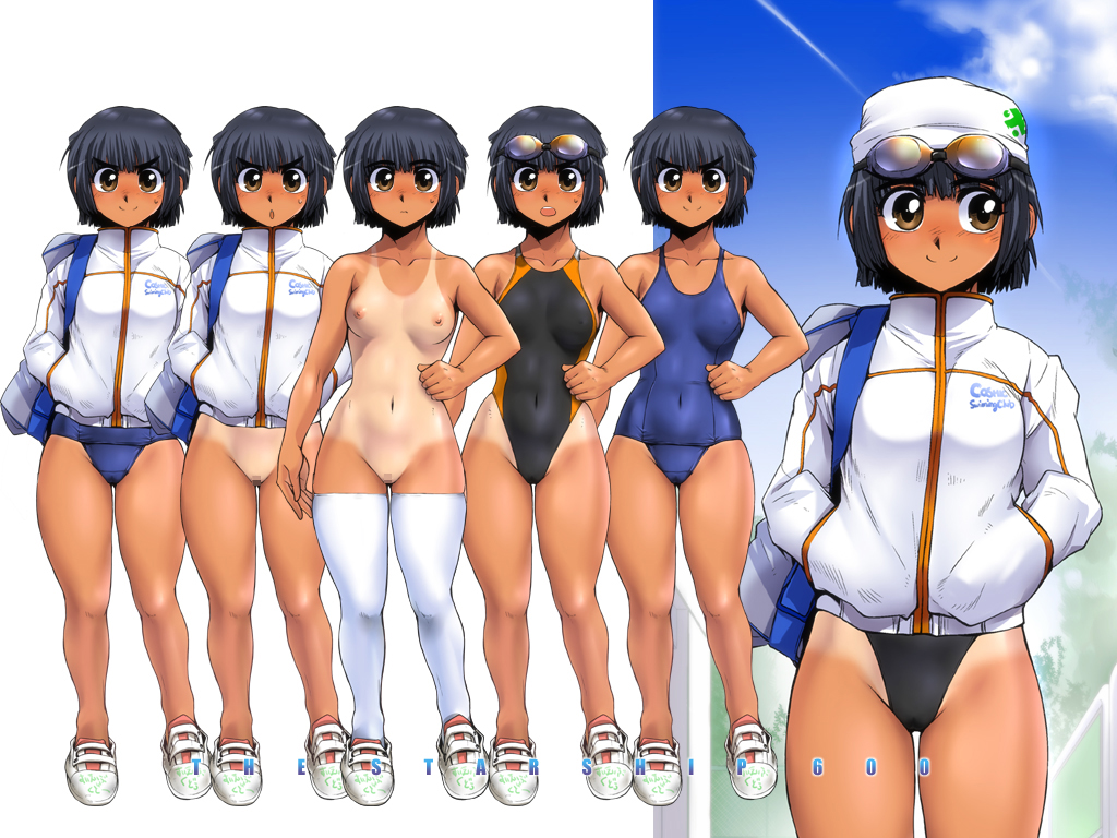 black_hair breasts brown_eyes censored ez6 goggles hands_in_pockets highleg highleg_swimsuit jacket navel nipples nude one-piece_swimsuit one-piece_tan original school_swimsuit short_hair skin_tight small_breasts smile swimsuit swimsuit_under_clothes tan tanline thighhighs toned variations