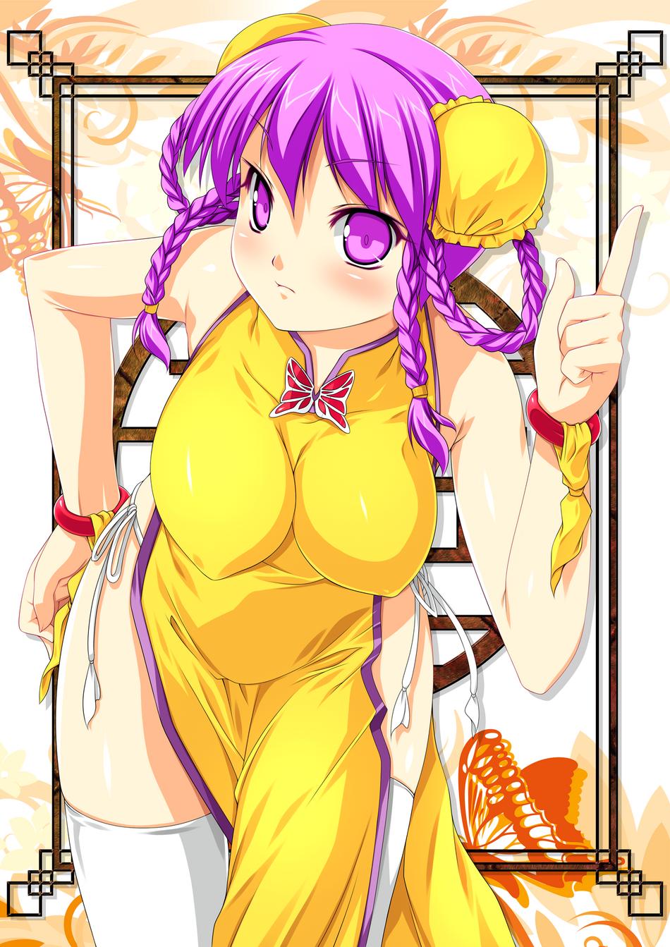 braid breasts bun_cover china_dress chinese_clothes double_bun dress hair_rings hand_on_hip highres jpeg_artifacts kinoshita_ichi large_breasts leaning_forward original panties pointing purple_eyes purple_hair side-tie_panties side_slit smile solo thighhighs twin_braids underwear