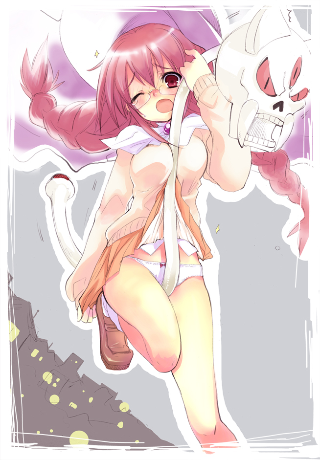 angry arcana_heart artist_request between_breasts between_thighs blush bow bow_panties braid breasts brooch cape cityscape embarrassed fangs flying glasses hat jewelry leg_up legs loafers long_hair mike_(arcana_heart) night night_sky open_mouth outdoors panties pink_eyes pink_hair red_eyes school_uniform shoes skirt skirt_lift skirt_tug skull sky socks staff sweater tears teeth third_eye underwear white_panties wince witch witch_hat yasuzumi_yoriko