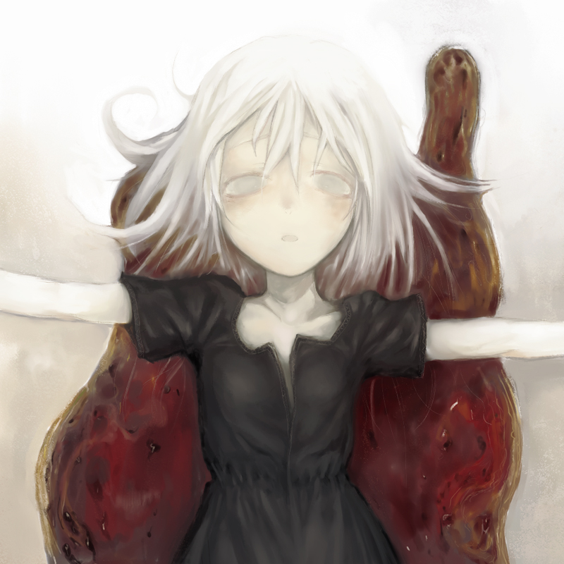 blood commentary dress flat_chest kikai_(akita_morgue) original outstretched_arms solo spread_arms white_eyes white_hair white_skin