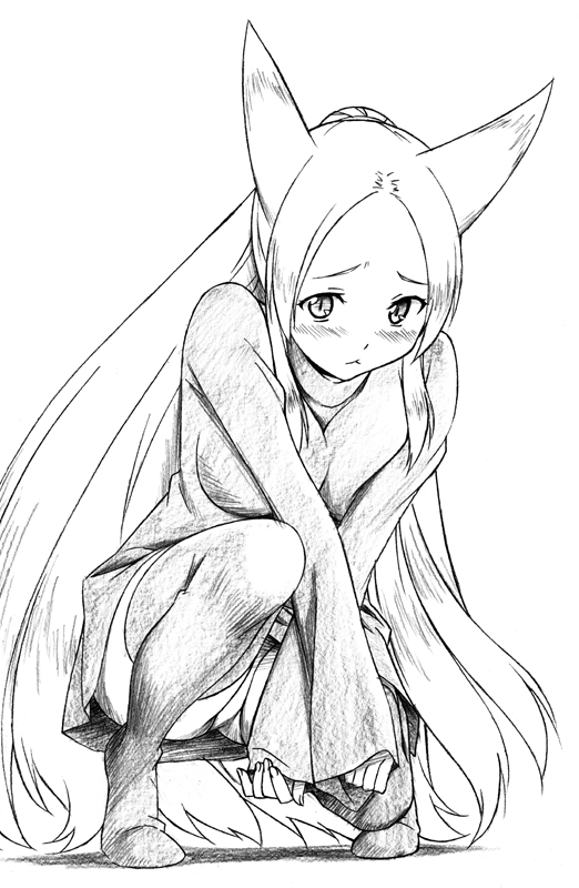 :&lt; animal_ears bad_id bad_pixiv_id blush borrowed_character breasts greyscale large_breasts long_hair monochrome nine-tails-san original panties pantyshot pantyshot_(squatting) sawa_jaaji solo squatting thighhighs traditional_media underwear