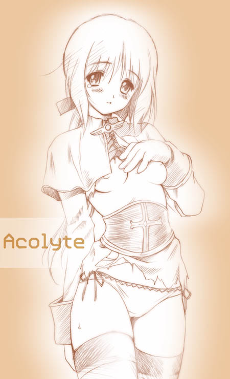 acolyte areolae blush breasts kuroda_akimi long_hair medium_breasts monochrome no_bra panties ponytail ragnarok_online side-tie_panties solo tears thighhighs torn_clothes underwear