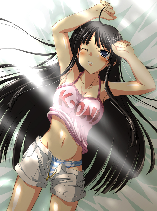 akiyama_mio black_hair blue_eyes blue_panties blush casual k-on! long_hair lying midriff na!_(na'mr) on_back one_eye_closed open_clothes open_fly open_shorts outstretched_arms panties shirt_lift shorts shorts_pull solo spread_arms striped striped_panties tears underwear unzipped wince