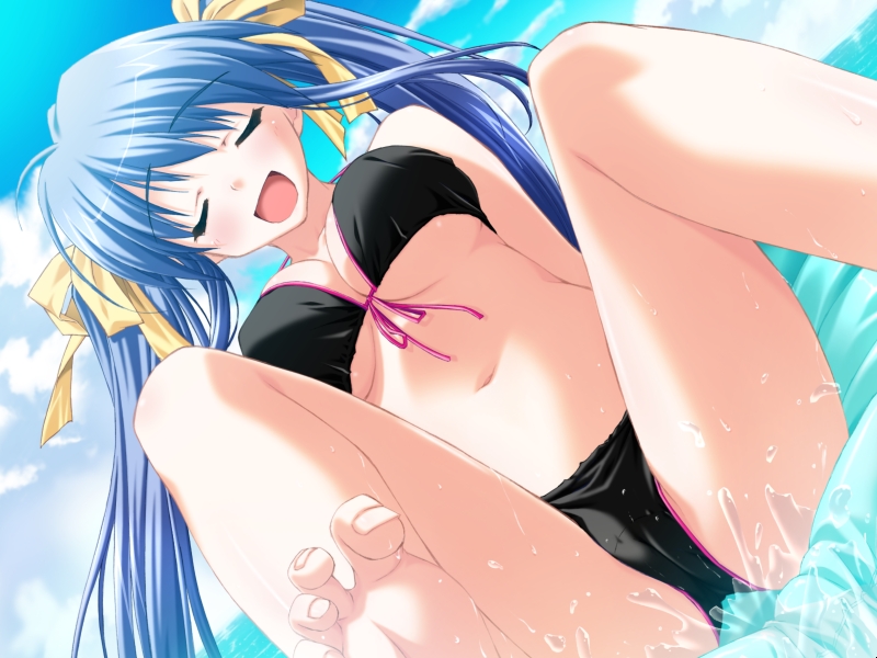 barefoot bikini blue_hair breasts cameltoe closed_eyes day dutch_angle feet game_cg inflatable_raft kamipani! kujou_amane large_breasts long_hair non-web_source shintarou soles solo splashing spread_legs swimsuit toes twintails underboob water