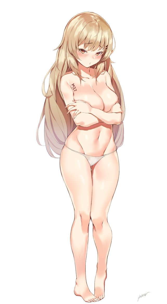 1girl artist_name barefoot bikini_bottom blush breast_hold breasts brown_eyes brown_hair character_name commentary_request crossed_arms eyebrows_visible_through_hair full_body girls_frontline gluteal_fold groin hair_ornament hairclip ithaca_m37_(girls_frontline) large_breasts long_hair looking_at_viewer navel pigeon-toed pooor simple_background solo standing thigh_gap topless white_background white_bikini_bottom