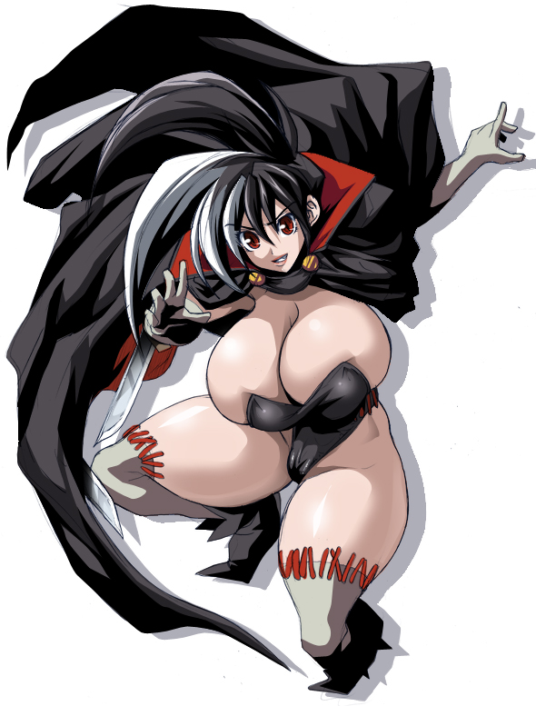boots breasts cameltoe cape cleavage curvy gigantic_breasts gloves huge_breasts impossible_clothes kloah knife multicolored_hair necro_samantha princess_crown red_eyes solo spiked_hair stitches thick_thighs thighhighs thighs two-tone_hair