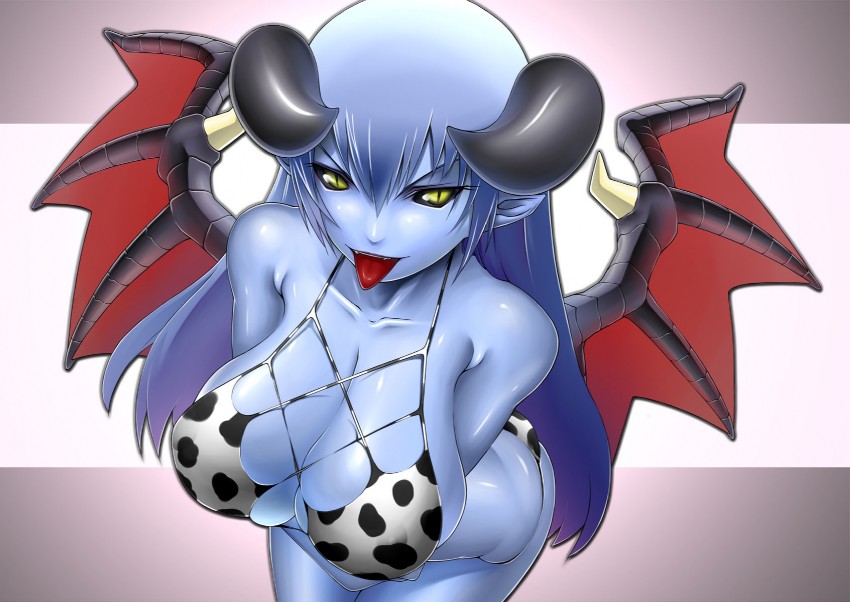 astaroth astaroth_(shinrabanshou) bikini blue_hair blue_skin breasts cleavage cow_print demon_girl horns pointy_ears shinrabanshou swimsuit tongue wings yellow_eyes