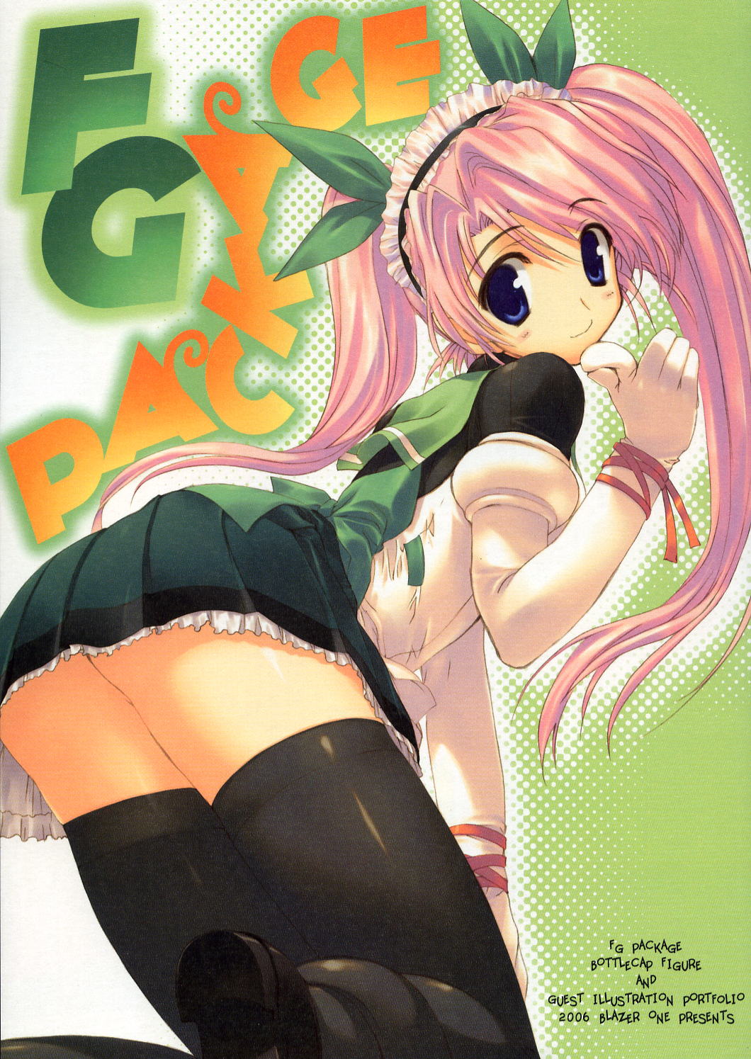 amazuyu_tatsuki ass bent_over blue_eyes copyright_request hair_ribbon hairband highres long_hair looking_back pink_hair pointing ribbon smile solo thighhighs twintails