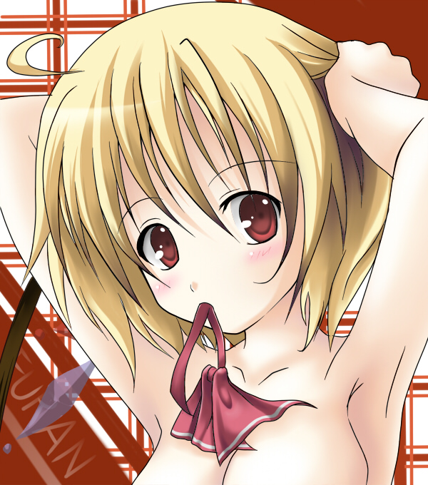 adjusting_hair armpits bad_id bad_pixiv_id blush breasts flandre_scarlet kaminari_gin medium_breasts mouth_hold short_hair solo topless touhou