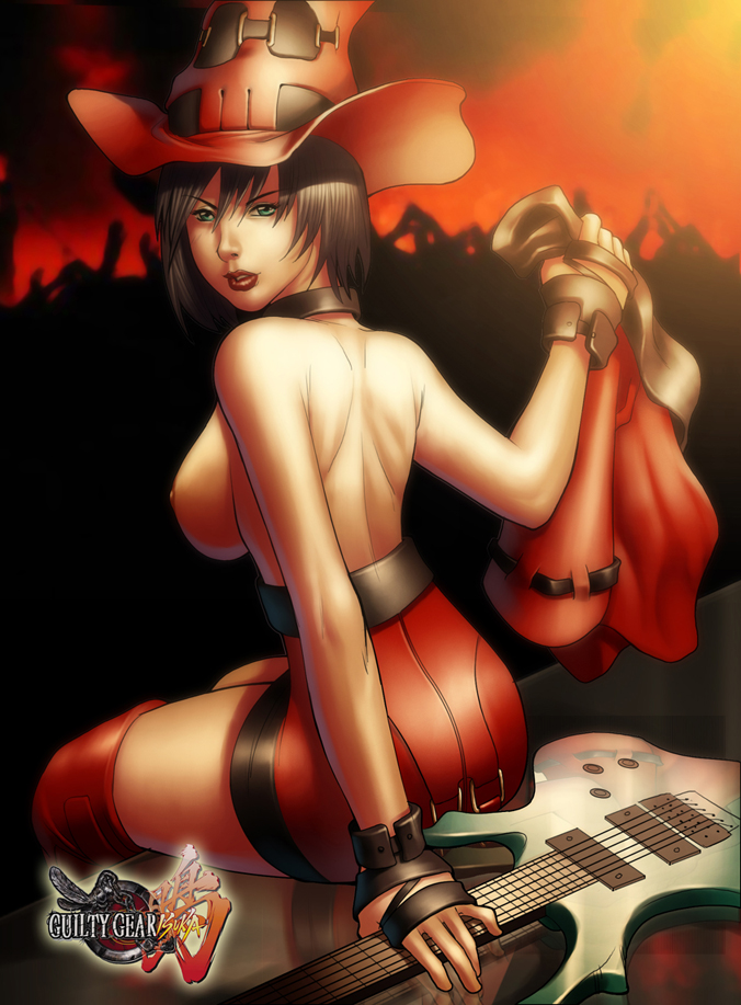 back bare_shoulders black_hair breasts collar dark gloves green_eyes guilty_gear guitar hat i-no instrument jacket large_breasts leather lips lipstick makeup red_hat reflection shiny short_hair sitting solo thighs topless