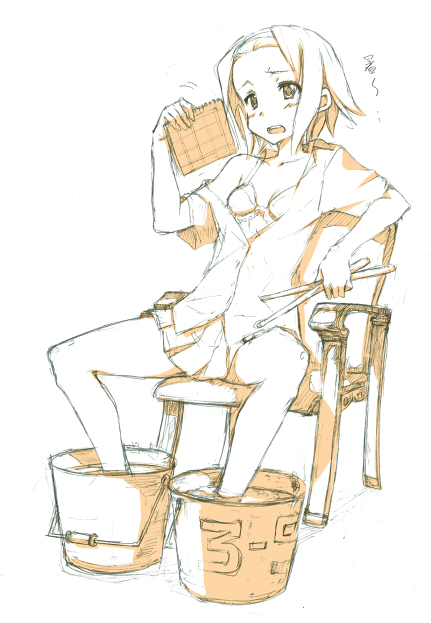 bare_legs bored bra bucket chair drumsticks hamao hot k-on! lingerie monochrome open_clothes open_shirt school_uniform shirt short_hair sitting sketch soaking_feet solo summer tainaka_ritsu tomboy underwear water