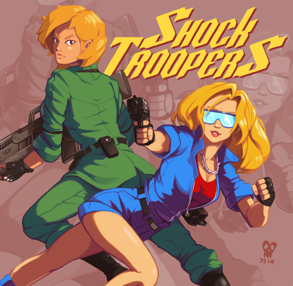 1boy 1girl 90s aiming assault_rifle back-to-back black_gloves blonde_hair breasts chain_necklace cleavage copyright_name fingerless_gloves glasses gloves gun handgun jackal_(shock_troopers) joakim_sandberg long_hair medium_breasts medium_hair military military_uniform milky_(shock_troopers) opaque_glasses pistol rifle shock_troopers shorts sleeves_rolled_up snk sunglasses tan uniform unzipped weapon zoom_layer