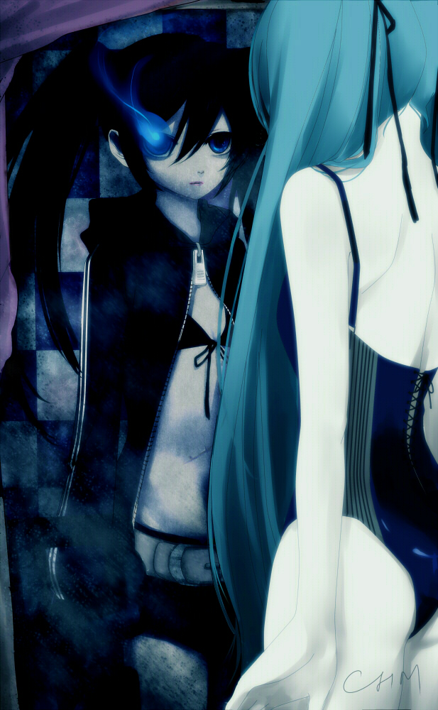 aqua_hair bad_id bad_pixiv_id black_hair black_rock_shooter black_rock_shooter_(character) blue_eyes burning_eye chm different_reflection hatsune_miku long_hair mirror multiple_girls one-piece_swimsuit reflection swimsuit vocaloid