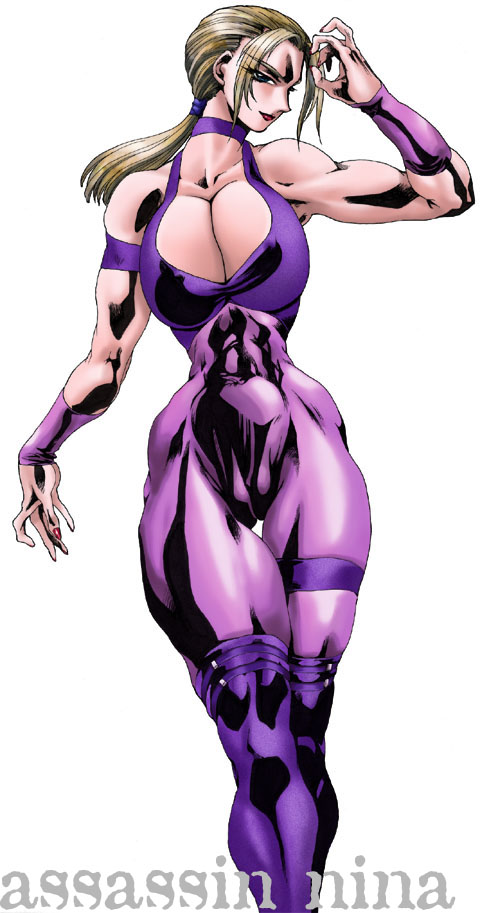 blonde_hair breasts catsuit cleavage large_breasts muscle nina_williams solo tekken yuri_ai