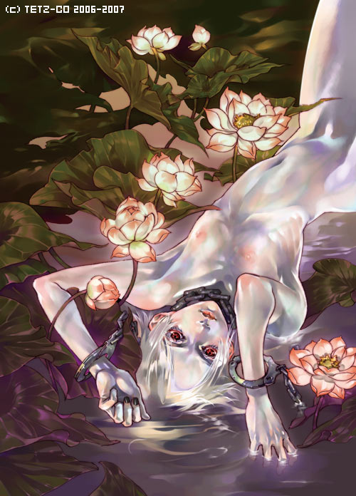 chains cuffs handcuffs lily_pad lying naked nude red_eyes tetz-co water_lily white_hair