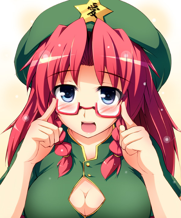 bespectacled blue_eyes blush braid breasts china_dress chinese_clothes cleavage_cutout dress glasses hat hong_meiling large_breasts long_hair open_mouth red_hair solo tekehiro touhou twin_braids