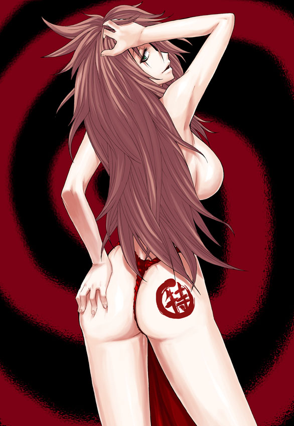 akatsuhara_empire armpits ass breasts fundoshi green_eyes huge_breasts ifuji_shinsen japanese_clothes long_hair looking_back pixiv_fantasia pixiv_fantasia_3 red_hair solo topless