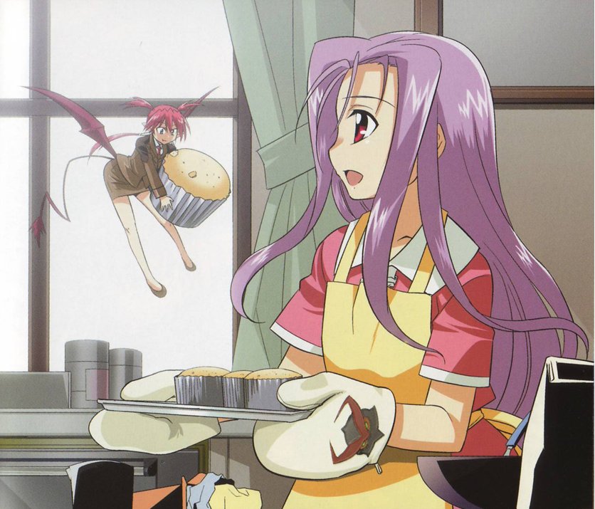 agito_(nanoha) apron butter cupcake curtains food formal indoors long_hair lutecia_alpine lyrical_nanoha mahou_shoujo_lyrical_nanoha_strikers military military_uniform minigirl multiple_girls necktie non-web_source open_mouth oven_mitts pastry purple_hair red_eyes skirt skirt_suit suit tray tsab_ground_military_uniform uniform window
