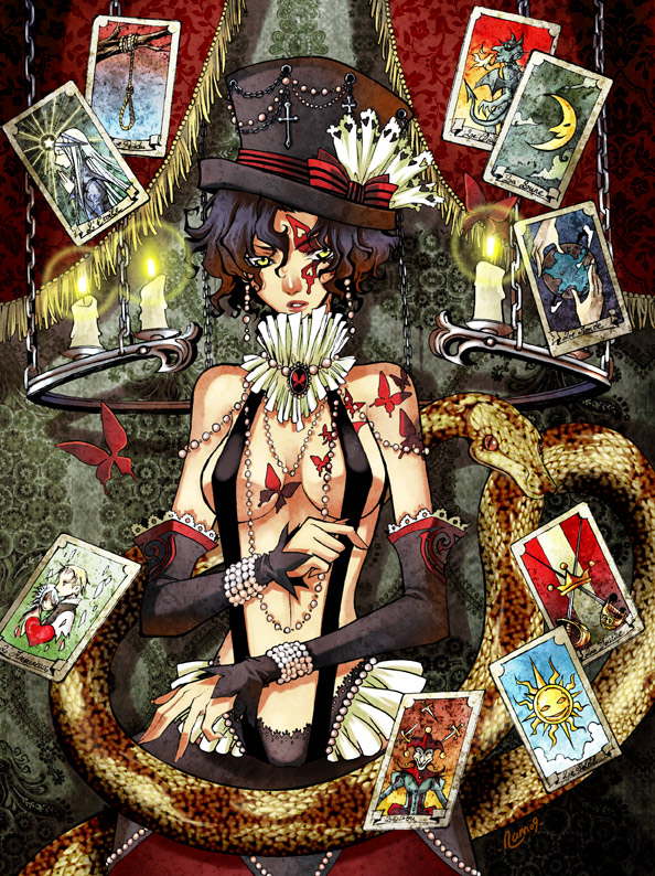 artist_request black_hair bodypaint breasts bug butterfly candle card copyright_request curly_hair floating_card hat insect jewelry large_breasts naked_suspenders necklace non-web_source revealing_clothes snake solo suspenders tarot tattoo top_hat topless wavy_hair yellow_eyes