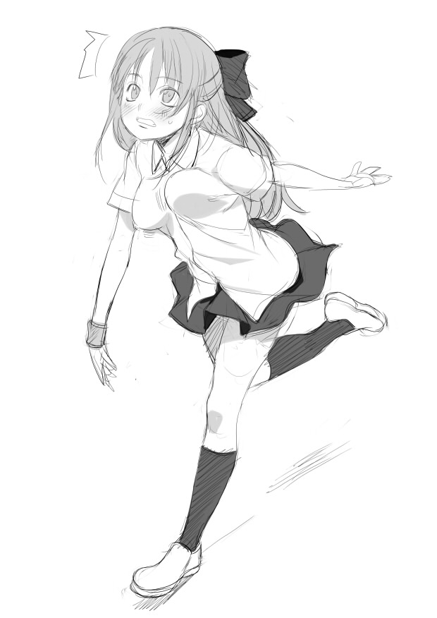 bouncing_breasts breasts copyright_request dress_shirt full_body greyscale hair_ornament hair_ribbon kneehighs long_hair medium_breasts miniskirt monochrome nora_higuma pleated_skirt ribbon shirt shoes simple_background sketch skirt socks solo standing surprised sweat
