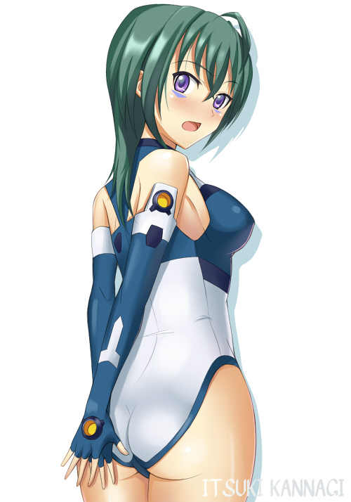 :o ahoge arms_behind_back ass back bangs bare_shoulders blue_gloves blue_leotard blush breasts covered_nipples covering covering_ass cowboy_shot elbow_gloves embarrassed facial_mark fingerless_gloves from_side gloves green_hair hair_between_eyes halterneck hands_together highleg highleg_leotard kannagi_itsuki kisugi_akira large_breasts leotard long_hair looking_at_viewer looking_back open_mouth pilot_suit purple_eyes shadow sideboob simple_background skin_tight solo sora_wo_kakeru_shoujo surprised turtleneck white_background white_leotard