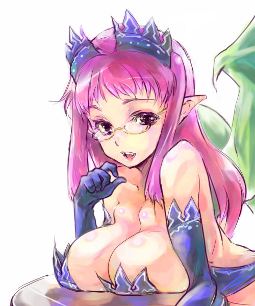 artist_request breasts copyright_request demon_girl demon_wings fangs glasses gloves large_breasts pink_hair pointy_ears solo wings