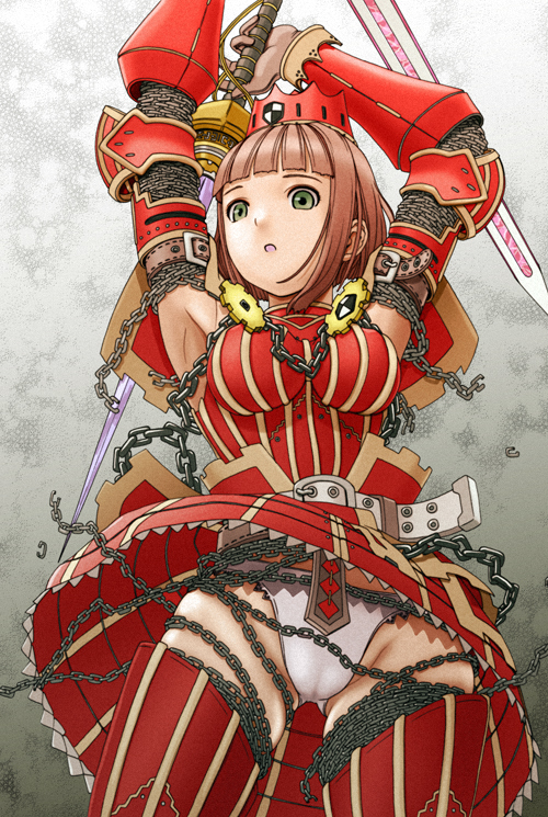 armor armored_dress armpits brown_hair chain green_eyes md5_mismatch monster_hunter panties pantyshot solo sword teostra_(armor) thighhighs underwear upskirt v-mag weapon white_panties wind wind_lift