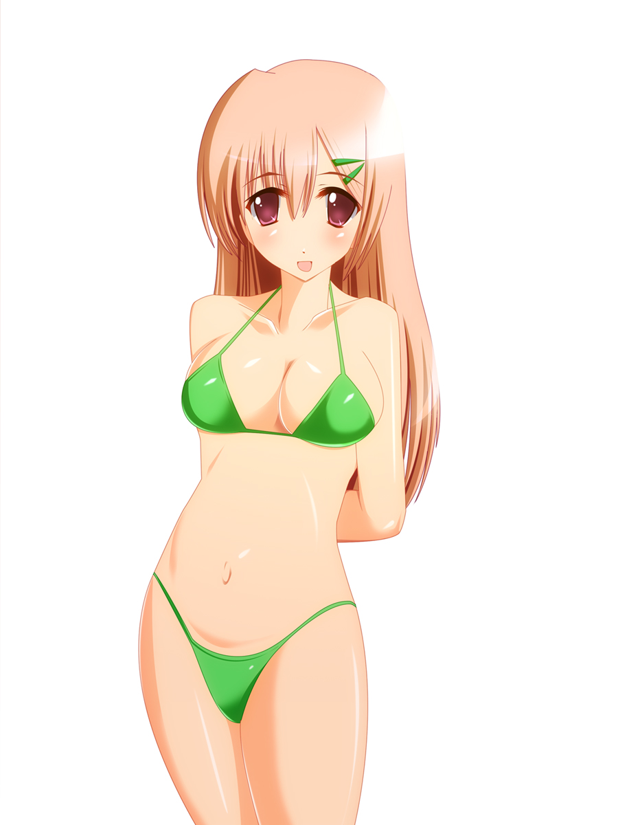 bikini blonde_hair breasts hair_ornament hair_pin hairpin highres large_breasts open_mouth pink_eyes smile swimsuit