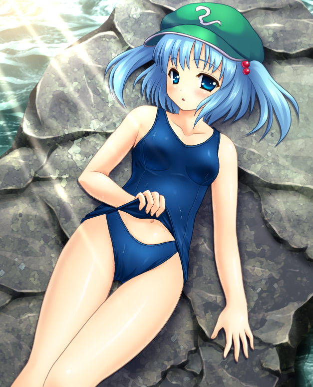 blue_eyes blue_hair hair_bobbles hair_ornament kawashiro_nitori lying midriff one-piece_swimsuit school_swimsuit school_swimsuit_flap short_hair solo swimsuit touhou twintails two_side_up yamasan