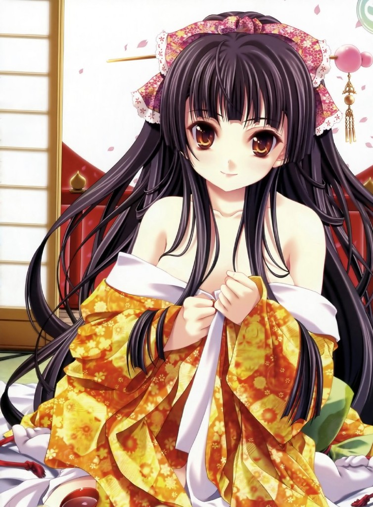 kimono long_hair orange_eyes purple_hair sitting smile