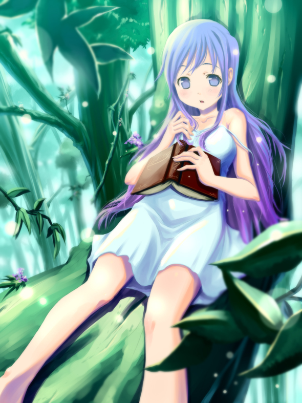 bare_shoulders blush book dress long_hair nature original purple_eyes purple_hair sitting solo tree wadapen