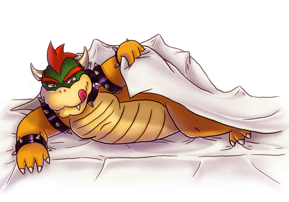 1boy barefoot bed blanket bowser chibi-usuratonkachi chubby claws collar furry hair horns inviting king koopa looking_at_viewer male mario_(series) mario_bros naughty_face nintendo nude plain_background red_eyes red_hair scalie shell solo spikes super_mario_bros. toes tongue video_games yaoi