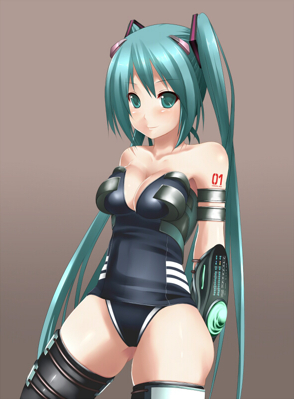 alternate_costume aoinagi breasts cleavage duplicate green_eyes green_hair hatsune_miku long_hair medium_breasts solo thighhighs twintails vocaloid