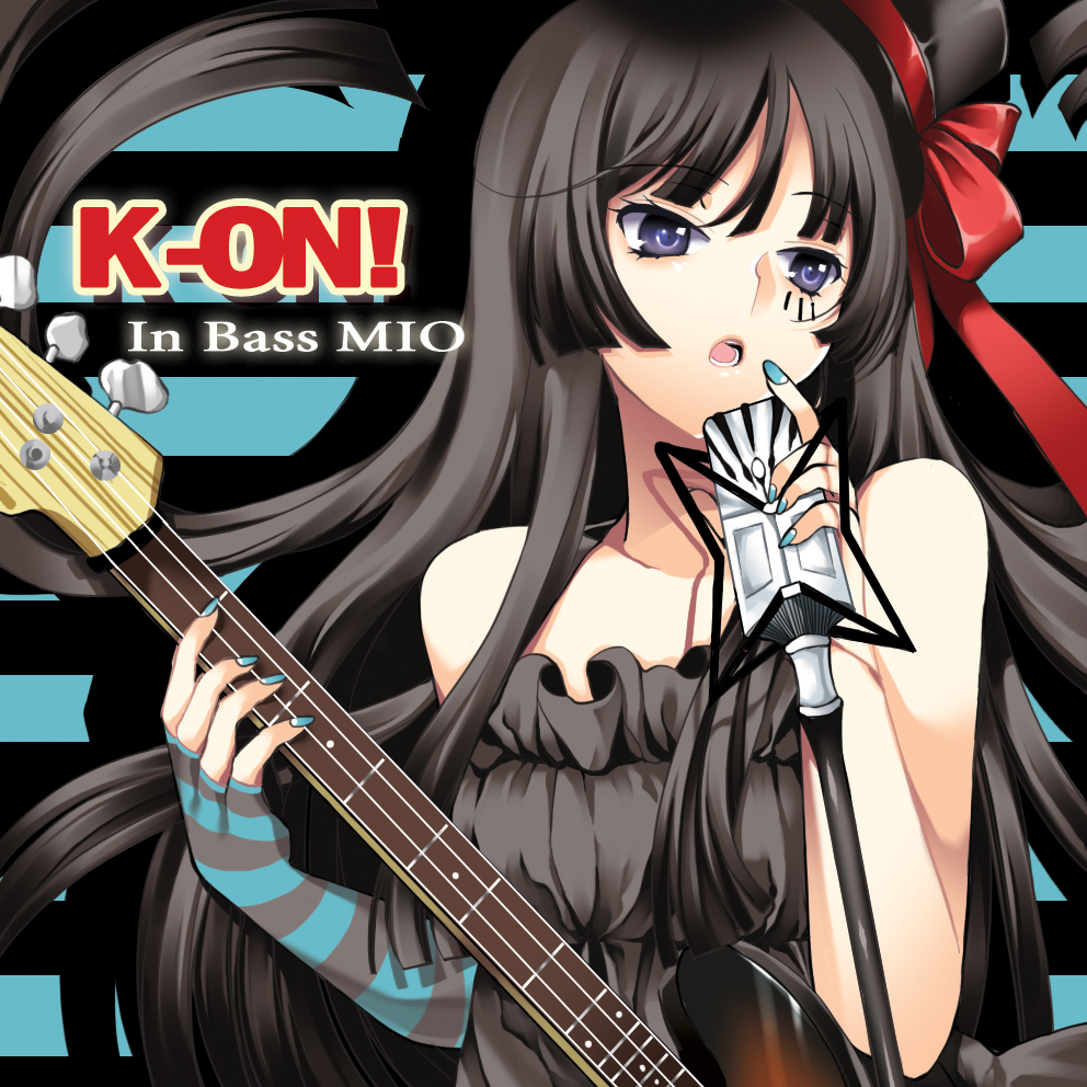 akiyama_mio bad_id bad_pixiv_id bass_guitar black_hair blue_nails don't_say_"lazy" facepaint hat instrument k-on! long_hair microphone microphone_stand mini_hat mini_top_hat nail_polish purple_eyes roh_nam_kyung solo top_hat