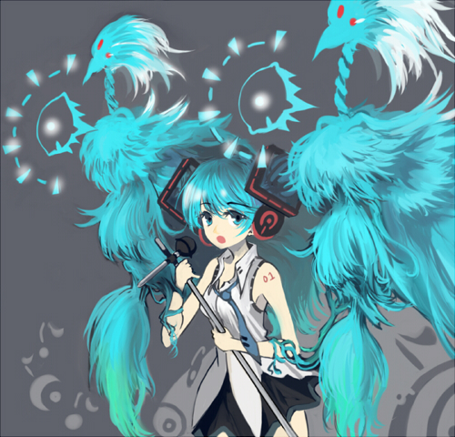 alternate_hairstyle aqua_eyes aqua_hair bird detached_sleeves hatsune_miku headphones long_hair lowres microphone microphone_stand necktie open_mouth sasurai_susuki shirt skirt sleeveless sleeveless_shirt solo tattoo twintails very_long_hair vocaloid