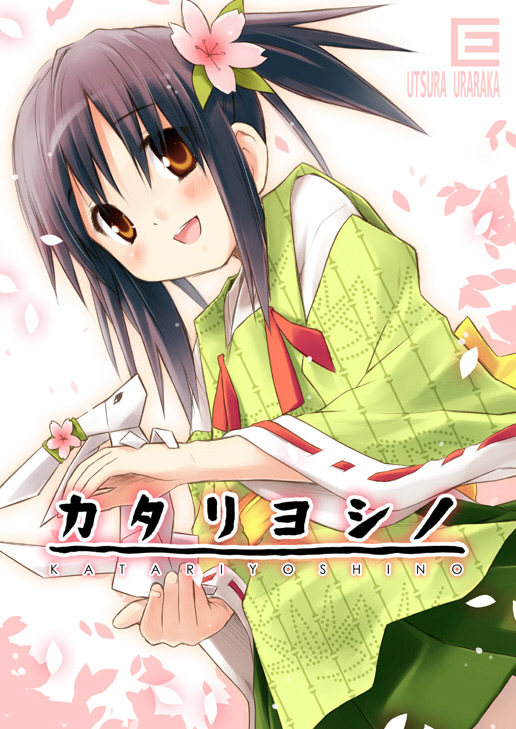 :d black_hair blush dutch_angle eretto flower hair_flower hair_ornament japanese_clothes long_sleeves looking_at_viewer open_mouth original red_eyes sidelocks smile solo tareme twintails