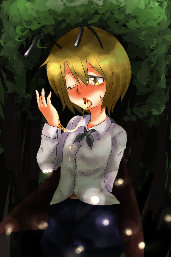 antennae blonde_hair blush cosplay face harusame_(unmei_no_ikasumi) honey lunasa_prismriver one_eye_closed sexually_suggestive solo touhou wriggle_nightbug wriggle_nightbug_(cosplay) yellow_eyes