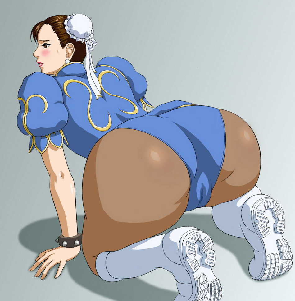 all_fours ass blush boots bracelet brown_eyes brown_hair cameltoe capcom chinese_clothes chun-li double_bun double_buns earrings female gradient gradient_background hair_buns jewelry solo spiked_bracelet spiked_bracelets spikes street_fighter sweat x_bokkis
