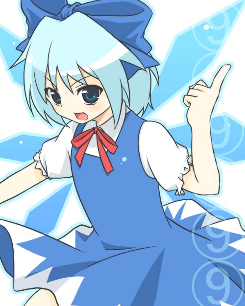 1girl blue_bow blue_dress blue_hair bow cirno dress hair_bow ice ice_wings index_finger_raised looking_at_viewer pointing puffy_short_sleeves puffy_sleeves short_hair short_sleeves solo soumendaze touhou wings