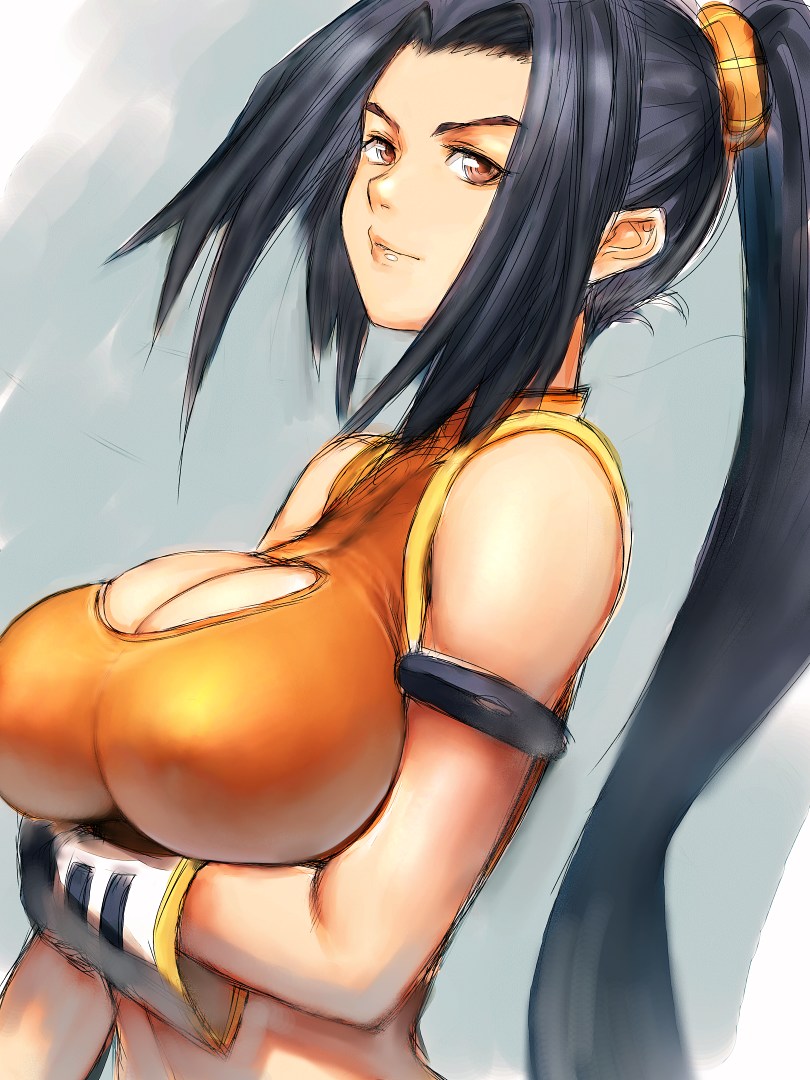 armlet black_hair breasts cleavage cleavage_cutout dungeon_and_fighter fighter_(dungeon_and_fighter) fumio_(rsqkr) gloves huge_breasts long_hair ponytail red_eyes ryunmei solo