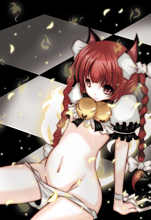 animal_ears bell braid breasts cat_ears kaenbyou_rin midriff panties panty_pull pedodedo red_hair ribbon small_breasts solo touhou twin_braids underboob underwear