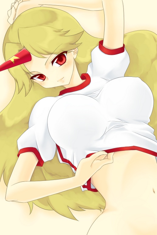 breasts breasts_apart horn hoshiguma_yuugi impossible_clothes impossible_shirt jpeg_artifacts large_breasts midriff navel shirt solo soumendaze touhou wide_hips