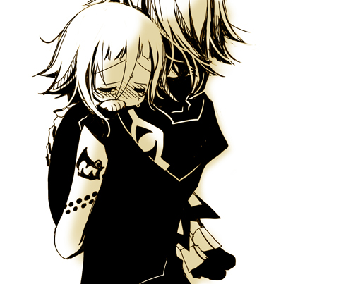 1other androgynous child crona_(soul_eater) hand_on_another's_back lowres medusa_gorgon monochrome mother_and_child sakurazawa_izumi sepia soul_eater tears