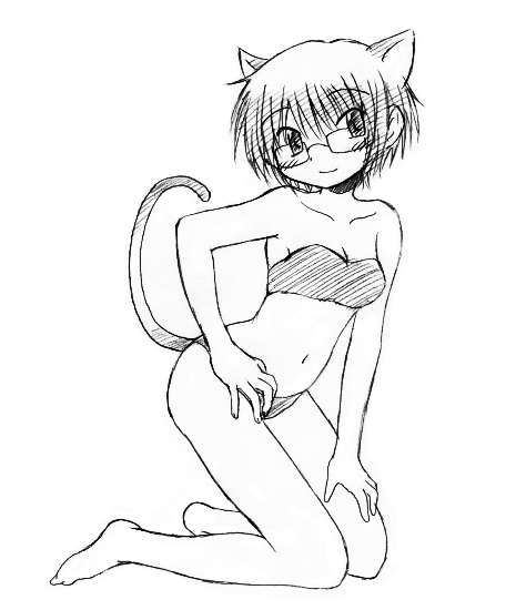 animal_ears barefoot bikini cat_ears glasses greyscale hidamari_sketch kneeling kumichi monochrome sae sketch solo swimsuit tail