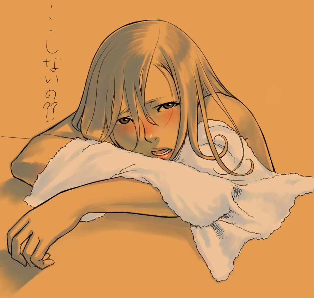 blonde_hair blush brown_eyes chin_rest disappointed hands kaieda_hiroshi long_hair nude original solo sulking towel translated