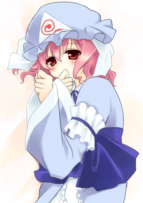 bad_id bad_pixiv_id blush covering_mouth hand_over_own_mouth hat japanese_clothes kimono looking_at_viewer lying on_side pink_hair red_eyes saigyouji_yuyuko solo soumendaze touhou triangular_headpiece