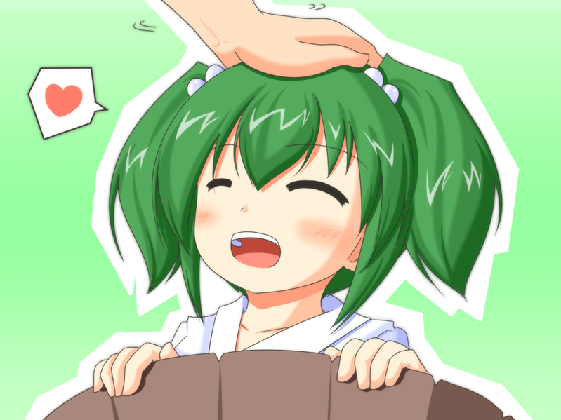 blush bucket closed_eyes green_hair heart in_bucket in_container kisume out_of_frame petting solo_focus touhou twintails urushi wooden_bucket