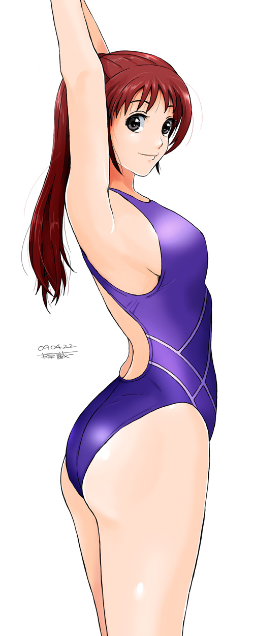 ass breasts competition_swimsuit copyright_request highres large_breasts long_hair one-piece_swimsuit ponytail red_hair ryouzou sideboob simple_background solo swimsuit