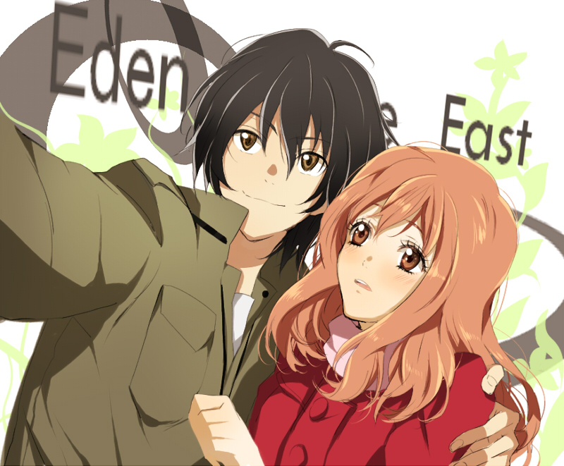 1girl bad_id bad_pixiv_id black_hair blush brown_eyes coat couple hetero higashi_no_eden kiui morimi_saki orange_hair smile takizawa_akira